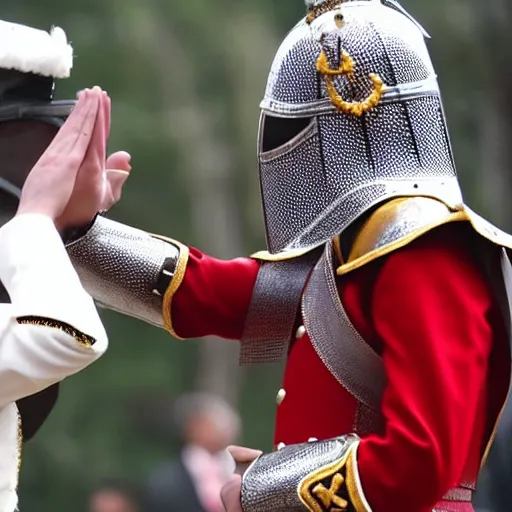 Prompt: a royal knight saluting his king