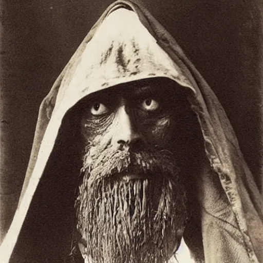 Image similar to hermit alchemist wearing scary headmask, 1900s photograph