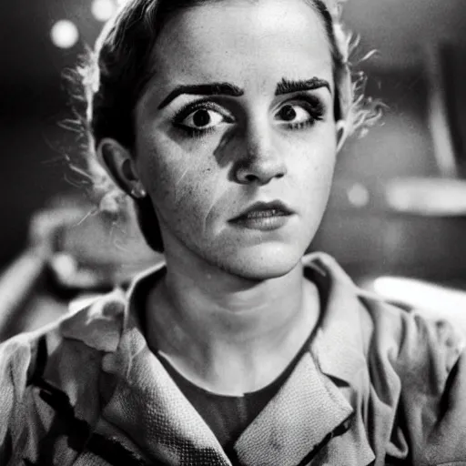 Prompt: deformed irradiated emma watson with acute radiation sickness flaking, melting, rotting skin wearing 1950s clothing in a 1950s nuclear wasteland. Group is living in a nuclear reactor. Photo is black and white award winning photo highly detailed, highly in focus, highly life-like, facial closeup taken on Arriflex 35 II, by stanley kubrick