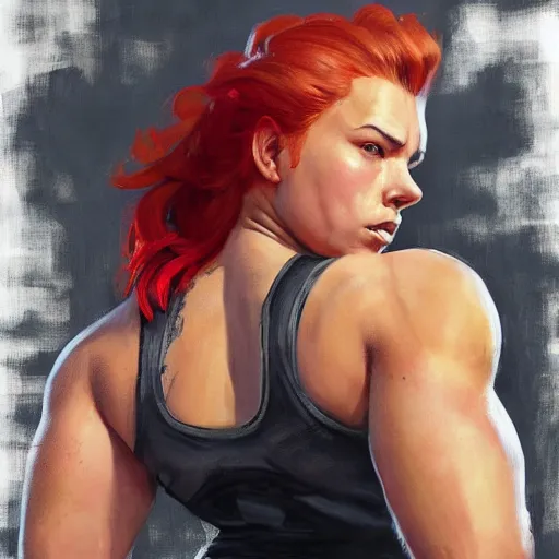 Prompt: greg manchess portrait of sleeping thick muscular weightlifter zarya from overwatch with ponytail and red hair played by scarlett johansson, medium shot, asymmetrical, profile picture, organic painting, sunny day, matte painting, bold shapes, hard edges, street art, trending on artstation, by huang guangjian and gil elvgren and sachin teng