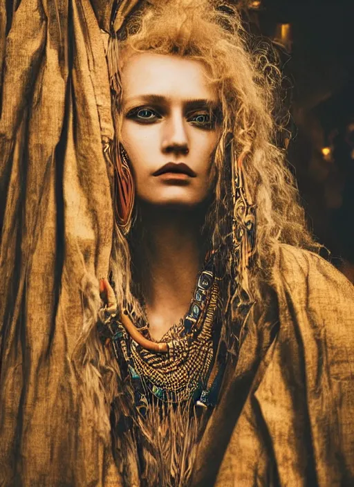 Prompt: vertical photo of polish female inside primitive tent, blonde, curly hair, symmetrical beautiful face, cyberpunk decorations and jewelry, native costume, standing in the primitive tent, fashion editorial photography, hyperrealistic, from vogue magazine, reflections, refraction, gold, teal, orange