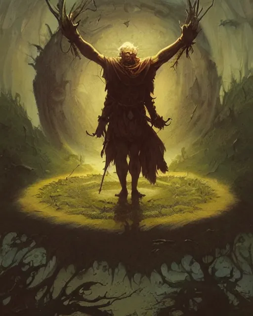 Prompt: a druid standing in a circle at the beginning of the world by greg rutkowski and frank frazetta and peter mohrbacher and marc silvestri