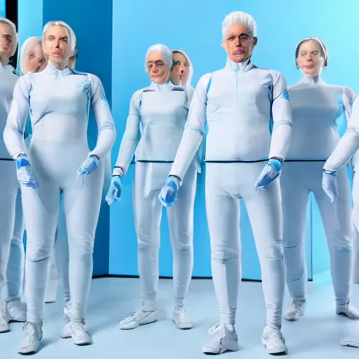 Image similar to troop of identical athletic humans with white hair wearing tight light blue neopren suits, in formation, futuristic chemistry lab, sci - fi, highly detailed, hyperrealistic