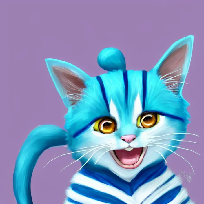 Image similar to cute blue striped cat of cheshire from alice in wonderland. an adorable cat with light blue stripes and a big playful human - like smile. award - winning digital art, trending on artstation