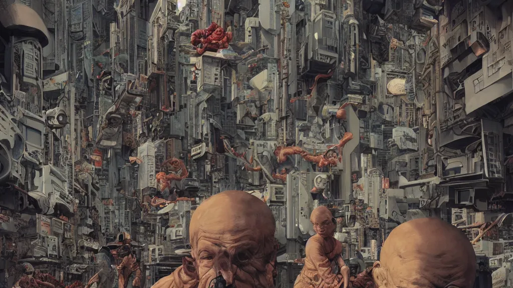 Image similar to realistic aesthetic highly detailed photography of characters in akira scene, characters with hyperrealistic highly detailed faces. from akira by katsuhiro otomo and alejandro hodorovski and denis villeneuve and gregory crewdson style with many details by mike winkelmann and vincent di fate in sci - fi style. volumetric natural light hyperrealism photo on dsmc 3 system