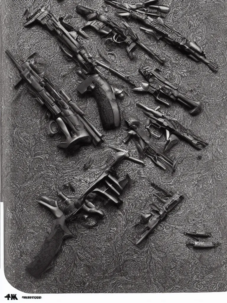 Image similar to carving in dark black steel of machine guns shotguns rifles revolvers bullets, dark vintage paperback cover, ultra-realistic, intricate details, 4k