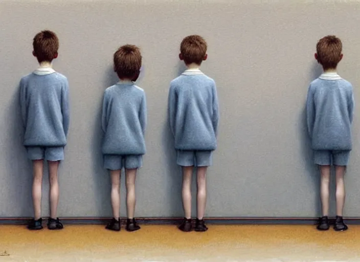 Image similar to a very boring day in school, kids faced away, all wearing identical clothes, painting by quint buchholz and ray caesar, muted colors, gray, dull, boring, low energy, pale blue faces, very detailed, very coherent