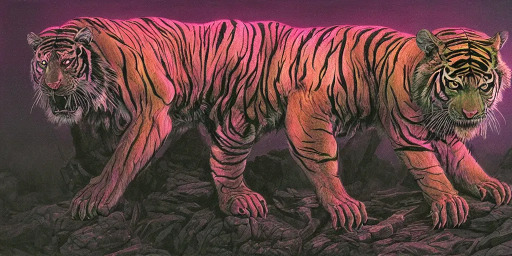 Image similar to cybernetic sabretooth tiger, metallic, made of neon light, volumetric lighting, by caspar david friedrich and wayne barlowe and ted nasmith