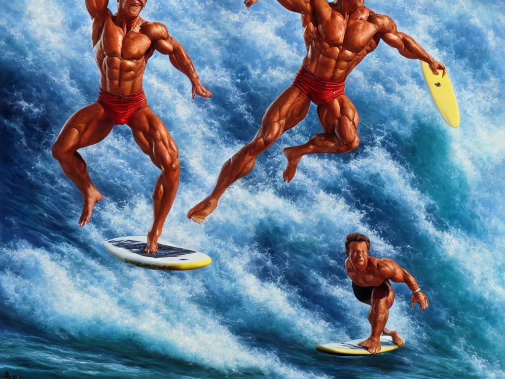 Image similar to detailed full body portrait of an arnold schwarzenegger surfing on lava wave by boris vallejo, fire lake, stunning scene, 8 k, digital painting, hyperrealism, bright colors, trending on artstation