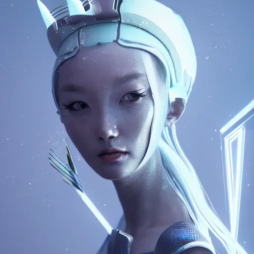 Image similar to alien princess, style of Feng Zhu, Artstation geometric, symmetrical, intricate crown, high fashion, streetwear, cyberpunk, detailed, octane render, cinematic, 8k,