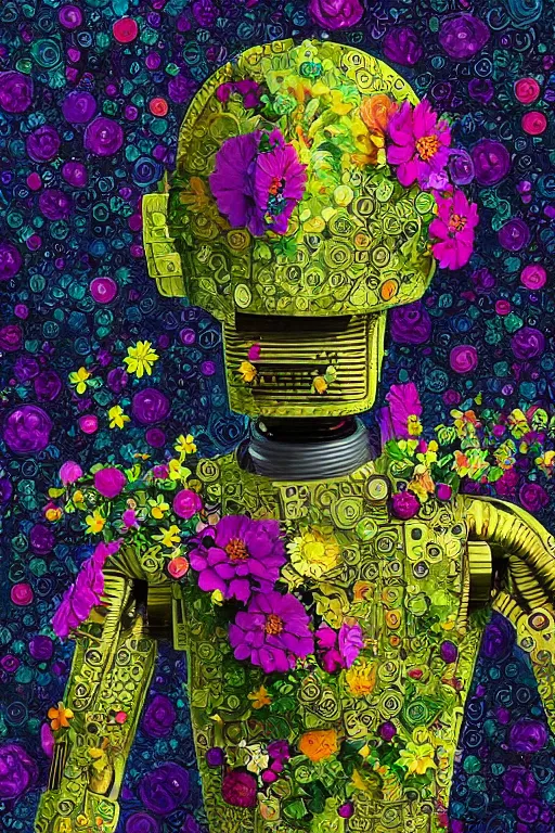 Prompt: a digital painting of a robot wearing a suit made of flowers, closeup, 1965 character portrait by Vladimir Tretchikoff and Lionel Smit, digital illustration, panfuturism, made of flowers, dystopian art, vaporwave