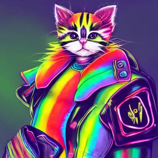 Image similar to wide angle full body, jacket wearing fluffy cute rainbow kitten wearing a black leather motorcycle jacket, concept art