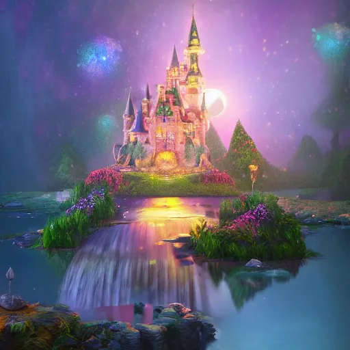 Image similar to a single glittering fairy castle at night, a full moon, water and colourful flowers, extremely detailed oil painting, unreal 5 render, fantasy digital art, octane render, beautiful composition, trending on artstation, award-winning photograph, masterpiece