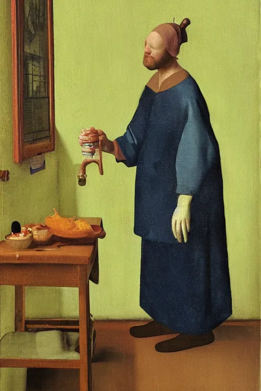 Prompt: person in frog pants drinking hotdog water, vermeer, oil on canvas