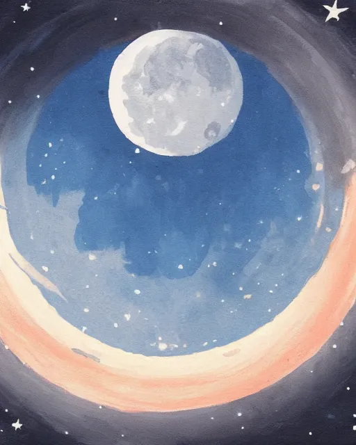 Image similar to painting of a large moon in the sky; the moon is read and has an open eye on it; there is a thin, long, blue cross-shaped star in the sky, anime, detailed, creepy, beautiful