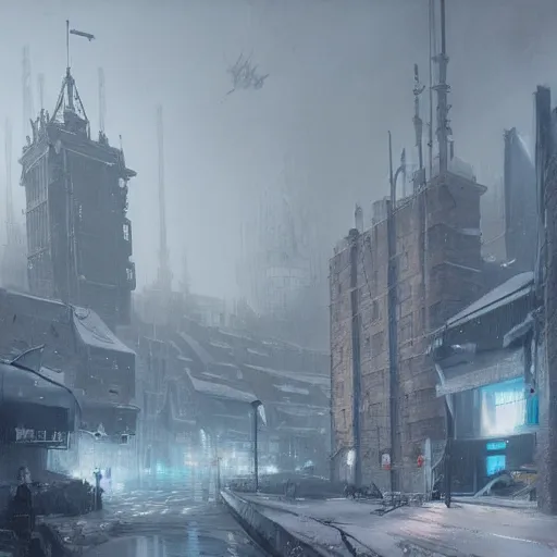 Image similar to cyberpunk depiction of the city of gdansk during arctic conditions by greg rutkowski