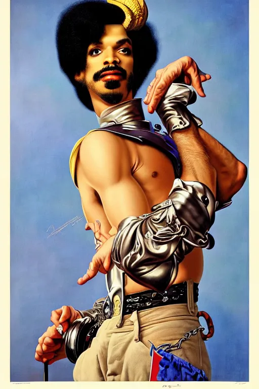 Image similar to prince rogers nelson portrait by gil elvgren and norman rockwell and rob gonsalves and hajime sorayama, hyperrealistic, high detail, ultra detailed, highly detailed face, ruffled fabric