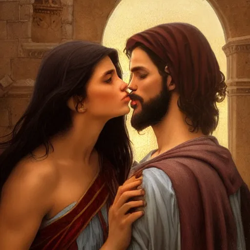 Image similar to jesus kissing a sensual woman in jerusalem, elegant, highly detailed, digital painting, artstation, concept art, matte, sharp focus, highly detailed, 4 k, hdr, smooth, sharp focus, high resolution, award - winning photo, photorealistic, art by artgerm and greg rutkowski and alphonse mucha, large shot