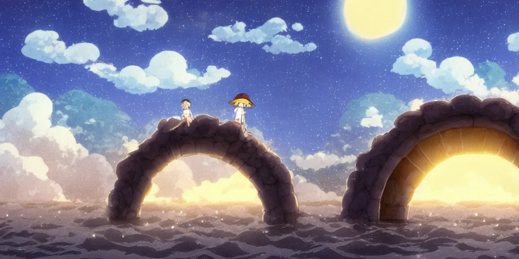 Image similar to a cell - shaded studio ghibli concept art study of a portal in the air over a flooded desert on a misty starry night. a waterfall is flowing out of the portal. very dull colors, hd, 4 k, hq