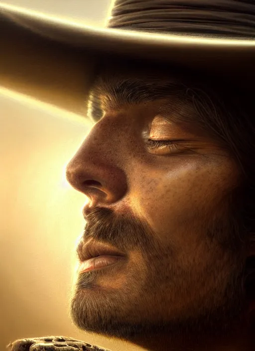 Prompt: closeup portrait shot of a cowboy in a scenic dystopian environment, intricate, elegant, highly detailed, centered, digital painting, artstation, backlit, concept art, smooth, sharp focus, illustration, artgerm, tomasz alen kopera, peter mohrbacher, donato giancola, joseph christian leyendecker, wlop, boris vallejo