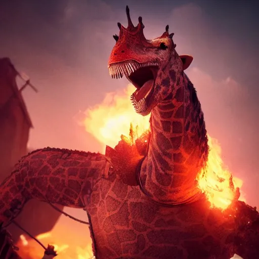 Prompt: a giant fire breathing giraffe wearing intricate battle armor attacking a village, dramatic lighting, highly detailed, photorealistic, cinematic, octane render