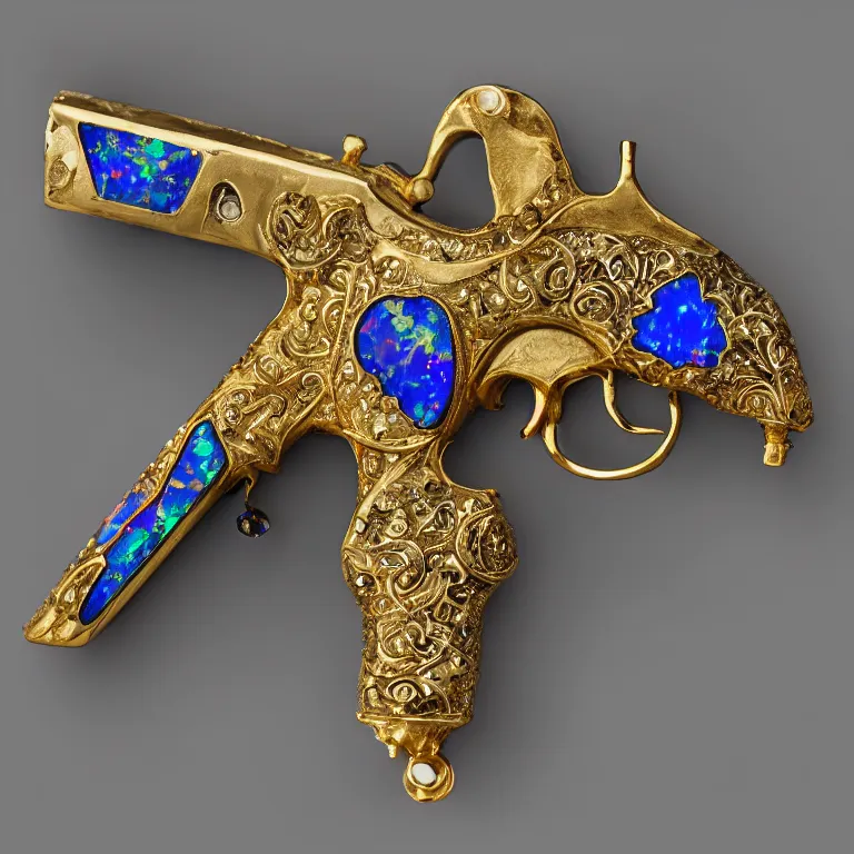 Image similar to jewelry gun made of prismatic opal and gold, design in rococo style, dark background, studio shot