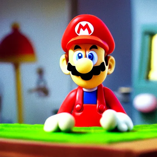 Prompt: Photo of ((Mario)) in a still from a Wallace and Gromit stopmotion animation, plasticine models, British stopmotion, high quality, a bit desaturated colors, art by Aardman Animations, 4k