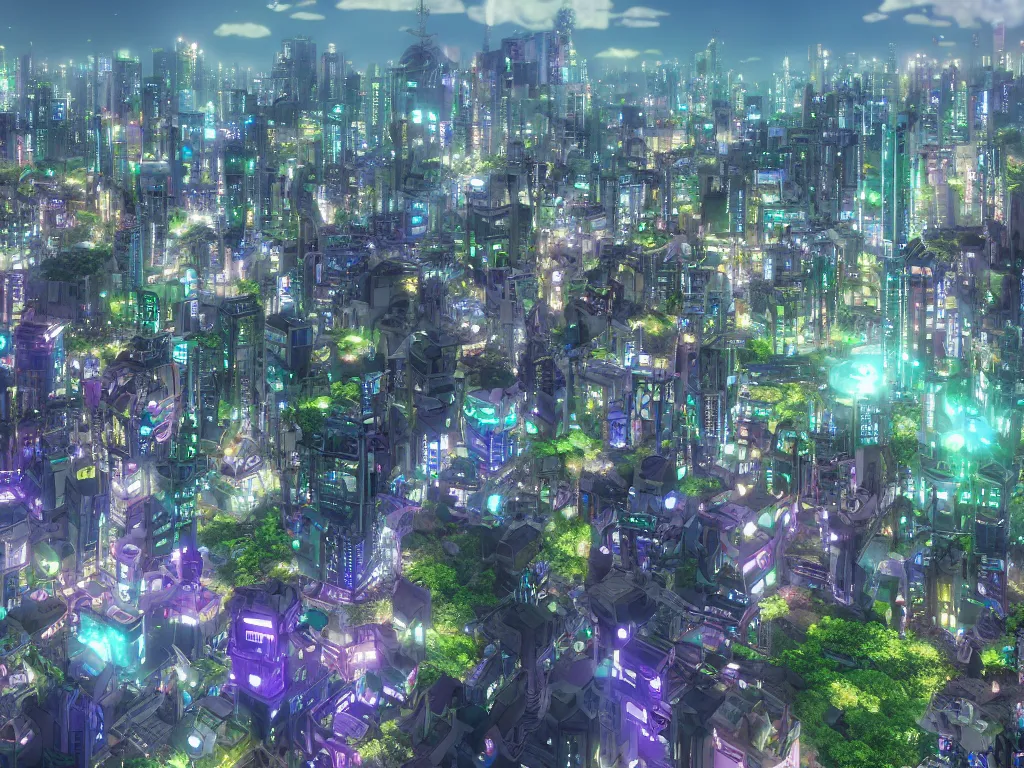 Image similar to a beautiful otherworldly fantasy model cityscape of tokyo in extreme detail, studio ghibli and pixar and abzu, rendering, cryengine, deep colors, purple and blue and green colors, vray render, cgsociety, bioluminescent