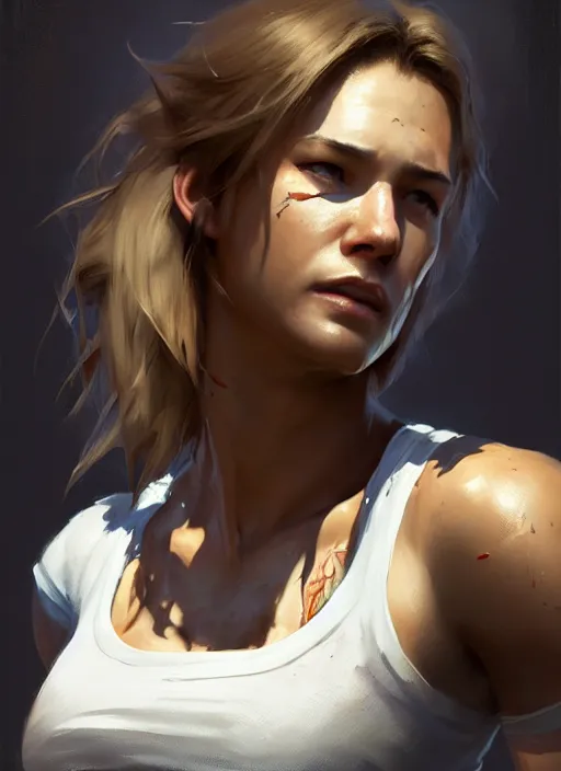 Image similar to epic portrait cinematic shot an female survivor wearing a white t shirt and a military vest, flowing hair, sweaty skin, fine details. night setting. realistic shaded lighting poster by craig mullism, artgerm, jeremy lipkin and michael garmash, unreal engine, radiant light, detailed and intricate environment, digital art, trending on art station,