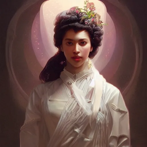 Image similar to portrait of pushkin! intricate, elegant, highly detailed, vision of holy perfection! smile, digital painting, artstation, concept art, smooth, sharp focus, illustration, art by artgerm and greg rutkowski and alphonse mucha