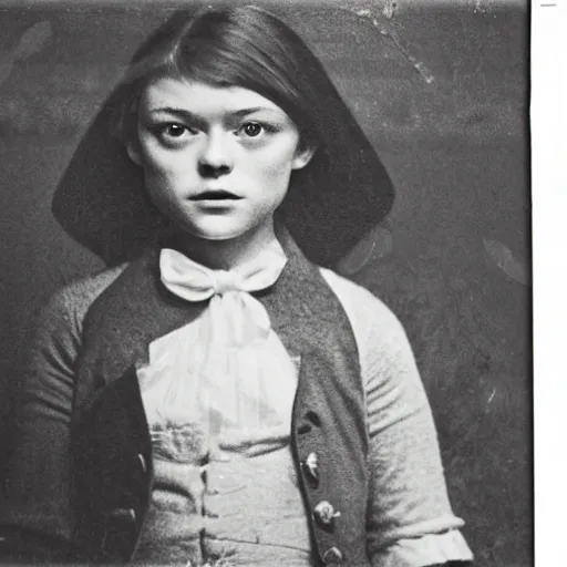 Image similar to daguerreotype ambrotype of sadie sink as a boy in oversized suit, highly detailed,