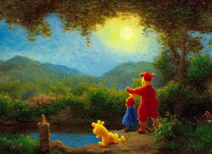 Image similar to romanticism impressionism landscape painting of winnie the pooh characters at night, night time, colorful paper lanterns, string lights, in the style of hudson river school and thomas cole and albert bierstadt and vincent van gogh