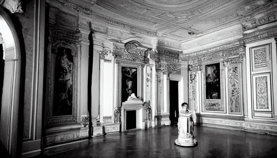 Prompt: movie still by of caligula poniard to death by senators in adark blood flaque in a neoclassical room, cinestill 8 0 0 t 3 5 mm b & w, high quality, heavy grain, high detail, dramatic light, ultra wide lens, anamorphic