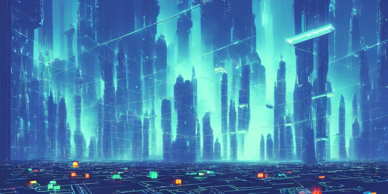 Image similar to a fleet of giant glowing futuristic cubes tied to each other with lots of glowing chains in the sky, thick glowing chains, light rays bouncing between cubes, a fantasy magical cyberpunk dubai tokyo landscape seen in the distance, atmospheric lighting, intricate, volumetric lighting, beautiful, sharp focus, ultra detailed, in the art style of marc simonetti and lee madgwick, astrophotography