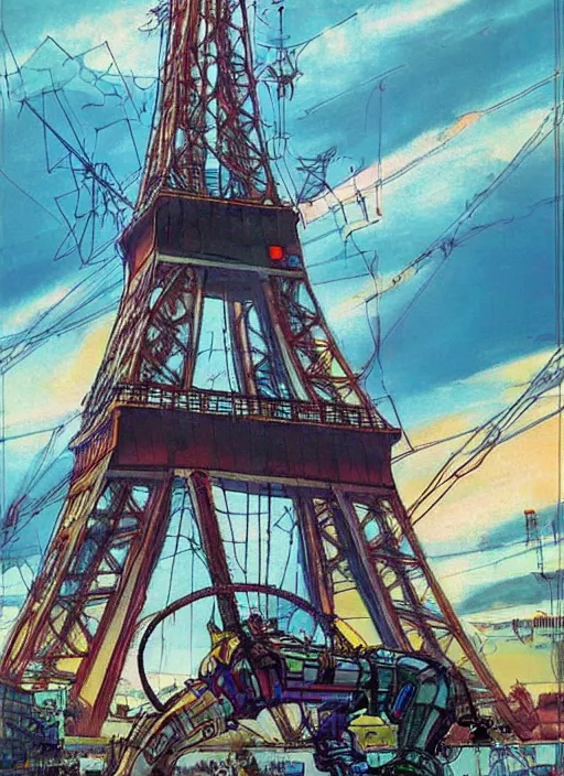 Prompt: realistic physically based rendering of a giant mechanical robot at the eiffel tower by jack kirby and simon bisley, epic, awesome trendy color palette, cinematic