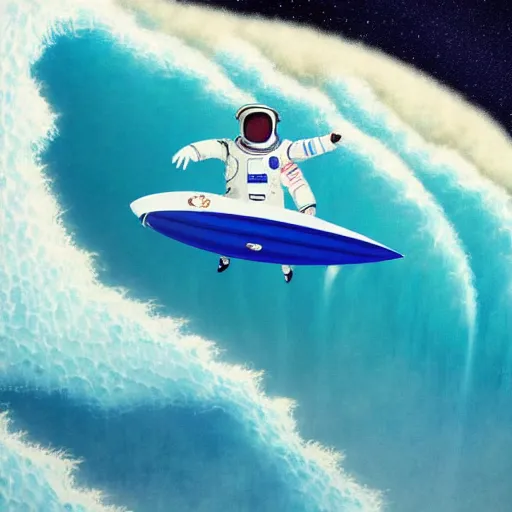 Prompt: a beautiful digital painting of an astronaut in a white and royal blue luxurious space suit surfing the great wave of Kanagawa on a chic surfboard at Pamukkale, thermal waters flowing down gold travertine terraces by greg rutkowski, during a blood moon, award winning photo, trending on artstation, highly detailed, unreal engine, octane render