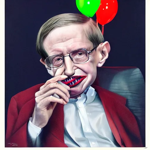 Image similar to UHD hyperrealism painting of Stephen Hawking dressed as a clown, wearing clown makeup, by Antonio Caparo and Ferdinand Knab and Greg Rutkowski, UHD, photorealistic, trending on artstation, trending on deviantart, correct face, real clown makeup