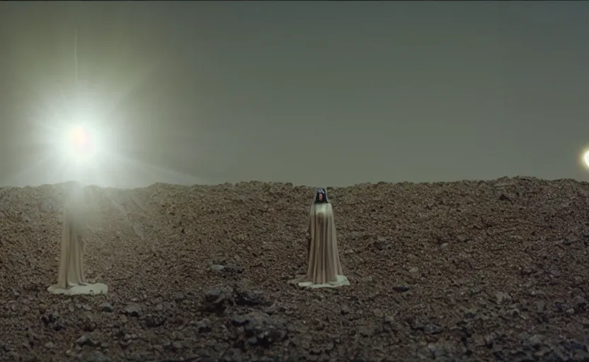 Prompt: levitating bene gesserit with white flowers and golden mask inside a thick black smoke in rocky desert landscape, solar eclipse in the sky, burning earth by gaspar noe and christopher doyle, anamorphic lens, anamorphic lens flares, kodakchrome, cinematic composition, practical effects, award winning photo, 8 k