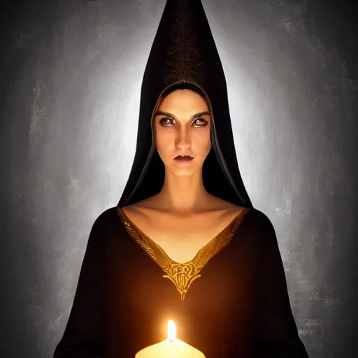 Prompt: Tall, beautiful, slender female witch with dark hair, dressed in black robes and golden body armor, in the background is a candle lit room, intricate detail, symmetrical facial features, naturally proportioned body, photorealism,