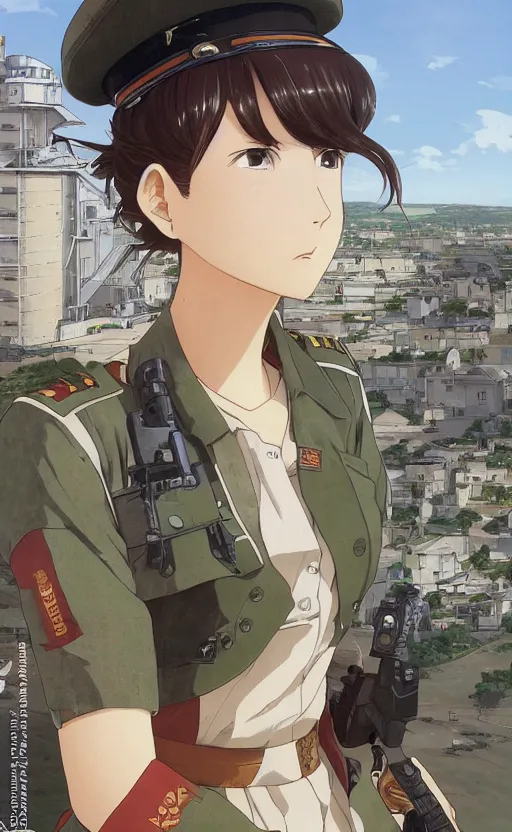 Prompt: portrait of a female soldier, highly detailed, high resolution, military camp in the background, full color manga visual style, illustration, stunning, from the manga marginal operation, bokeh soft, matte, 100mm, by professional photographer, hayao miyazaki, ilya kuvshinov, alphonse mucha, studio mappa, daisuke kimura, realistic human anatomy, realistic military carrier, modern warfare, realistic weapon, shot with a arriflex 35 ii, low saturation, small eyes