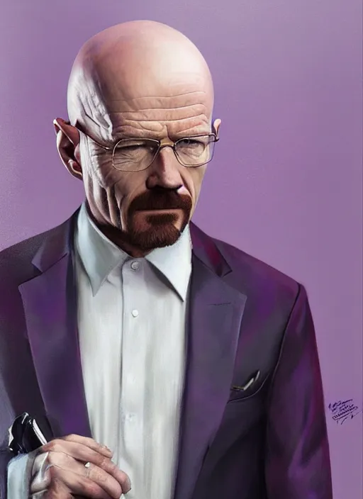 Prompt: walter white wearing a dark purple suit, elegant, dynamic, digital painting, concept art, smooth, sharp focus, illustration, by ruan jia and mandy jurgens and artgerm and william - adolphe bouguerea