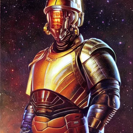 Prompt: photoreal portrait of a powerful black man in scifi armour, space nebula milky way background, by norman rockwell and boris vallejo, artstation, concept character art