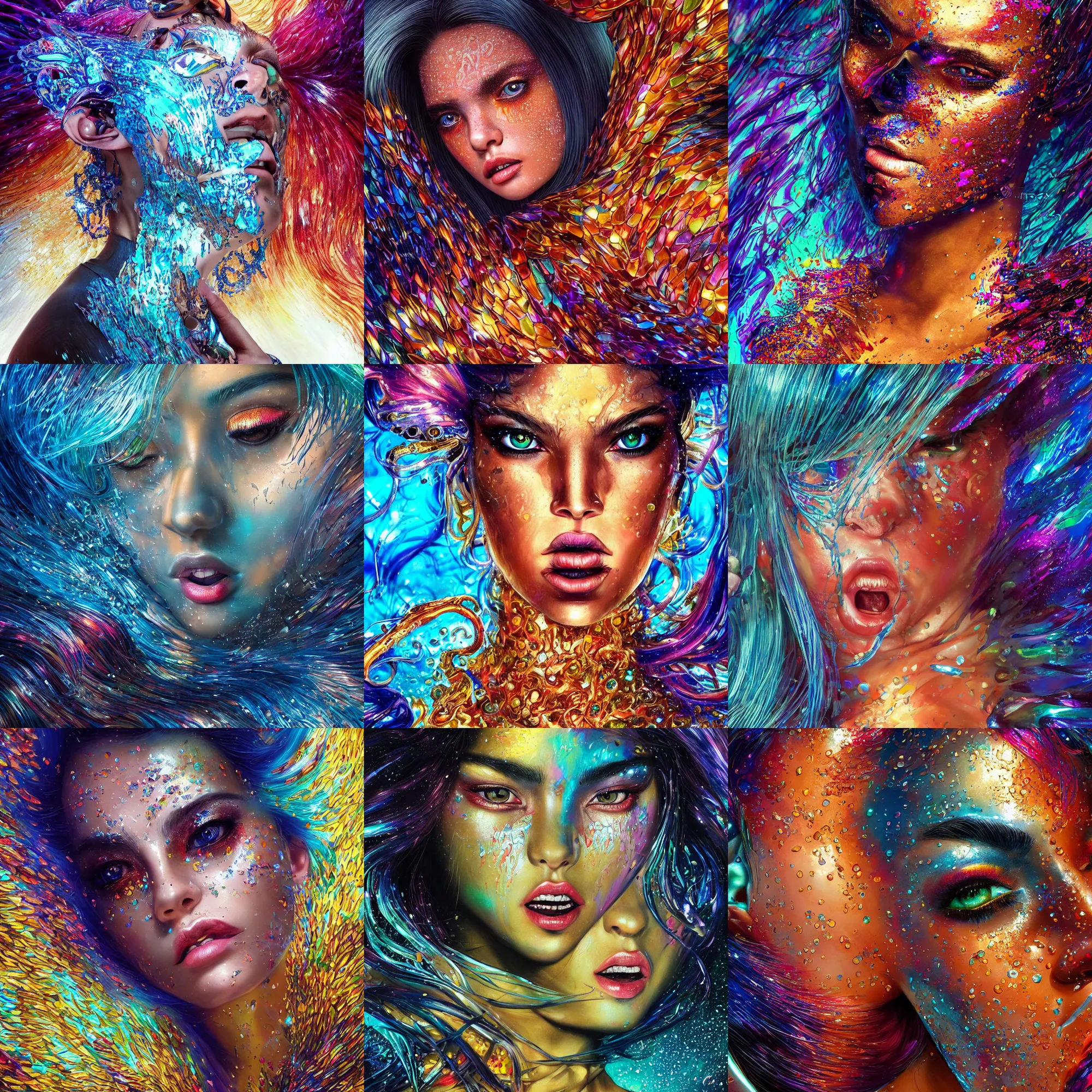 Prompt: ultra detailed illustration of a angry latin girl, chrome metal, skin covered in a sea of iridescent liquid by karol bak and Ruan Ji, colorful, vivid colors, 8k, coherent, anime vibes, uplifting, magical composition, artstation, synthwave, 8k, coherent, artgerm, uplifting, unreal engine, magical composition, artstation