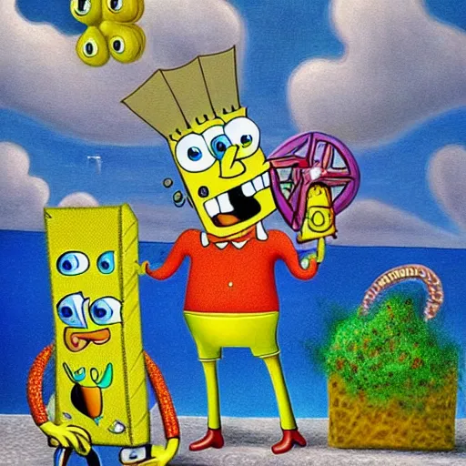 Prompt: detailed realistic surrealist painting of spongebob and patrick, in the style of salvador dali