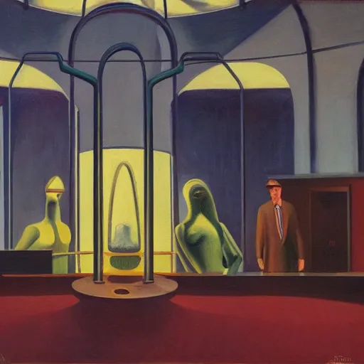 Prompt: three brutalist robotic seers watchers oracles soothsayers inside a dome, pj crook, grant wood, edward hopper, syd mead, chiaroscuro, oil on canvas
