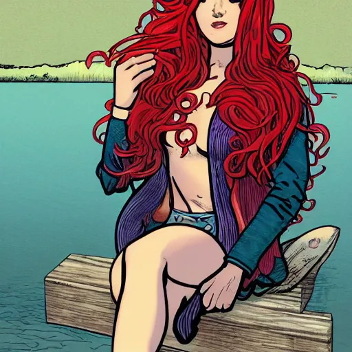 Prompt: a beautiful comic book illustration of a woman with long red hair sitting near a lake at night by dave gibbons, featured on artstation