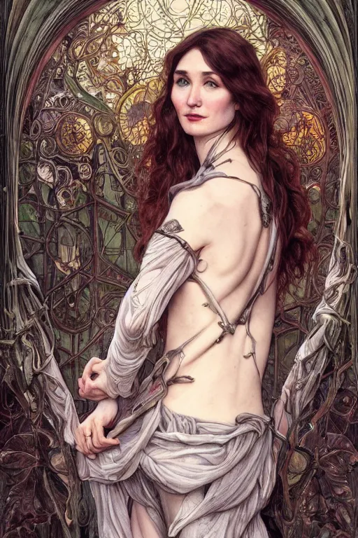 Image similar to carice van houten, anatomy, cute, fantasy, intricate, elegant, highly detailed, digital painting, 4 k, hdr, concept art, smooth, sharp focus, illustration, art by h r giger and alphonse mucha