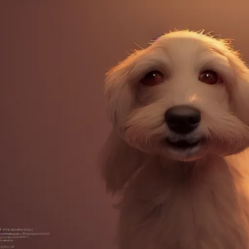 Image similar to a cute little dog portrait, photorealistic, 3 d render, award winning render, unreal engine, octane render, studio lighting, 8 k, hd, dustin nguyen, akihiko yoshida, greg tocchini, greg rutkowski, cliff chiang, pixar