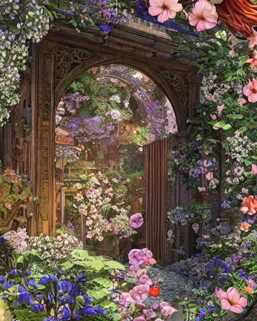 Image similar to photo of a portal to paradise, 8 k high definition, flowers, machines, insanely detailed, intricate, art by akihiko yoshida, antilous chao, woo kim