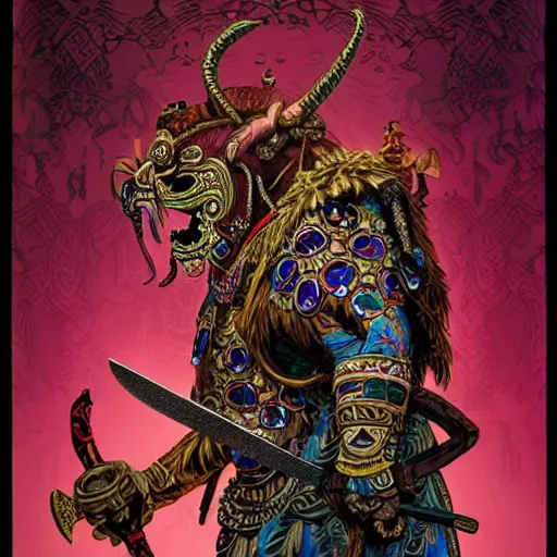 Image similar to side profile of barong family ancient sword with jewels, wiwek, mara demon, one single tribe member, jungle, one single mask, dark, tribal, inner glow, art by dan mumford and justin gerard